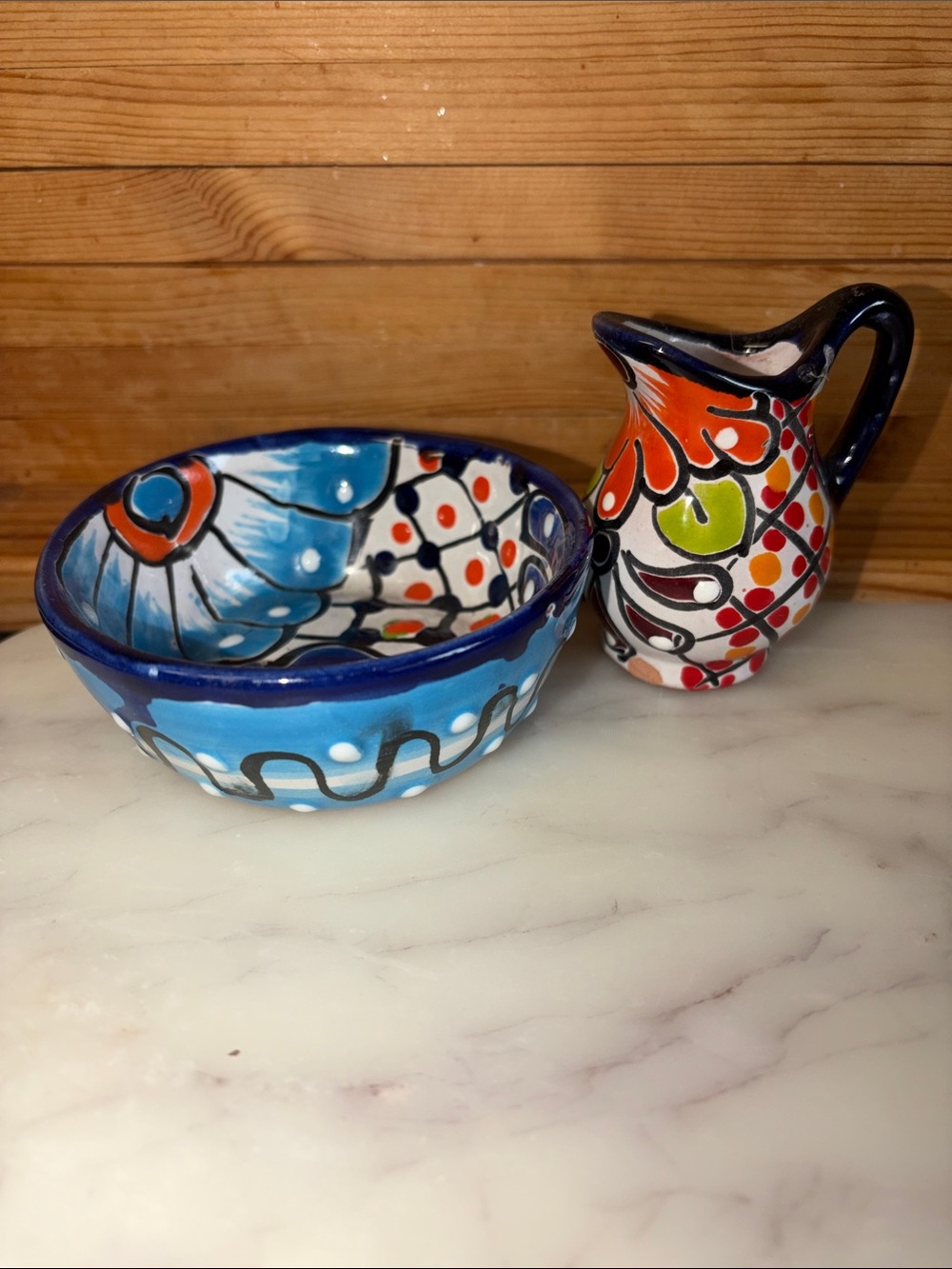 Mini Hand-Painted Blue & Multicolor Ceramic Bowl and Pitcher Set